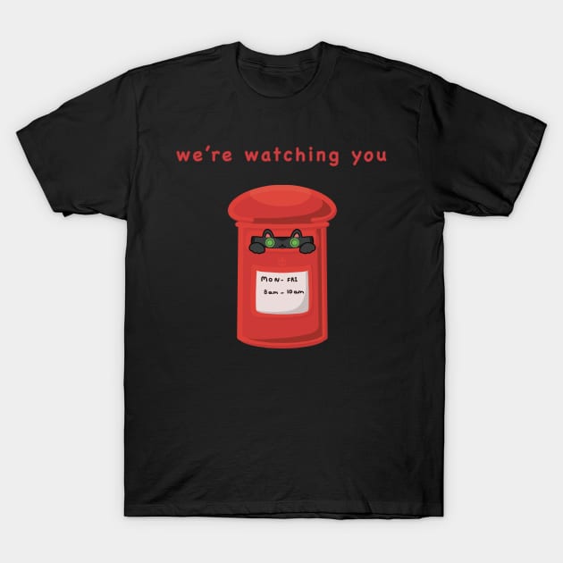 We’re watching you, cute cat hidden in British red postbox T-Shirt by Catphonesoup